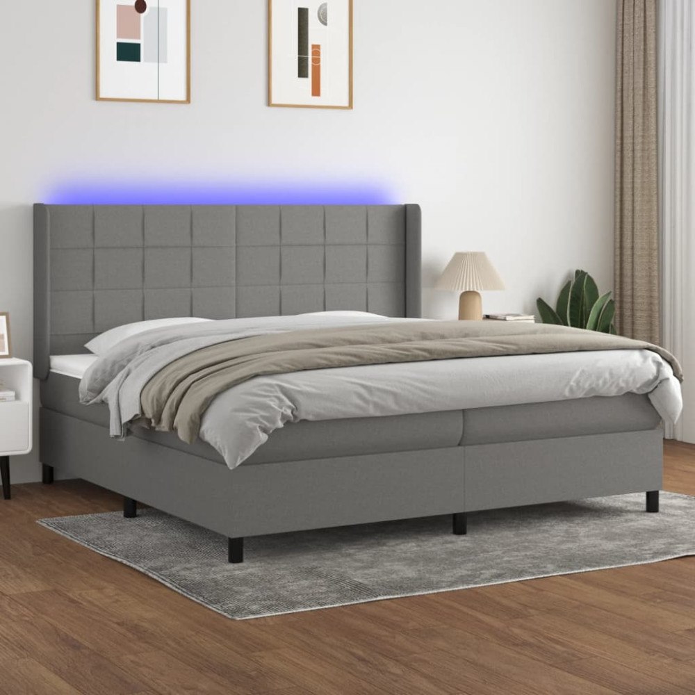 vidaXL Ramsäng med madrass & LED mörkgrå 200x200 cm tyg