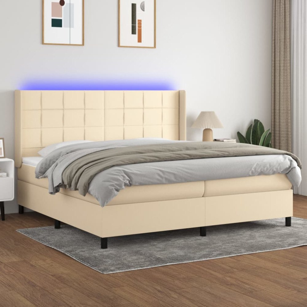 vidaXL Ramsäng med madrass & LED gräddvit 200x200 cm tyg