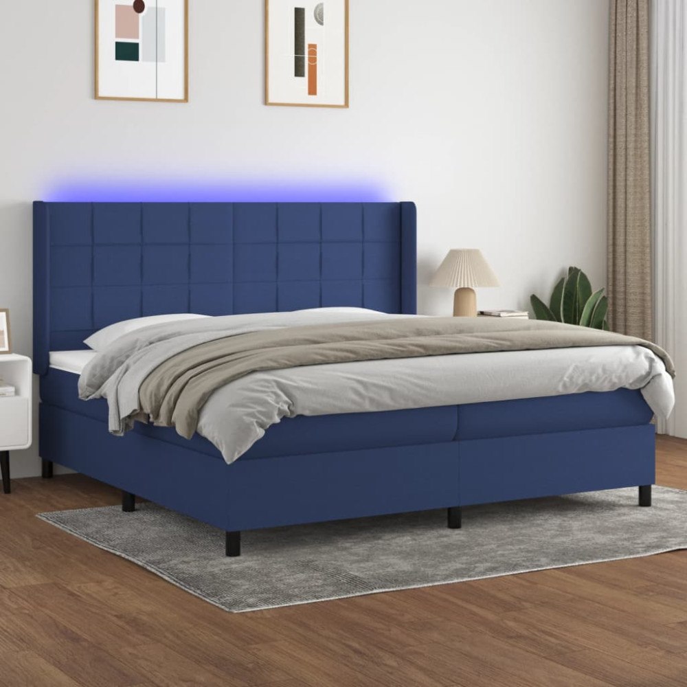 vidaXL Ramsäng med madrass & LED blå 200x200 cm tyg