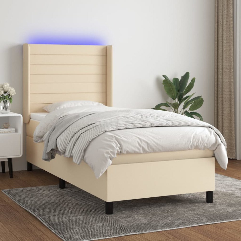 vidaXL Ramsäng med madrass & LED gräddvit 90x190 cm tyg