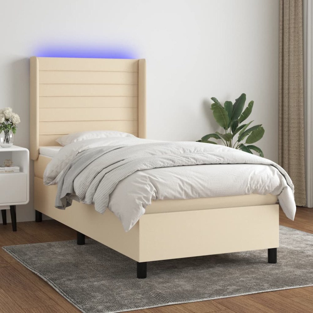 vidaXL Ramsäng med madrass & LED gräddvit 90x200 cm tyg