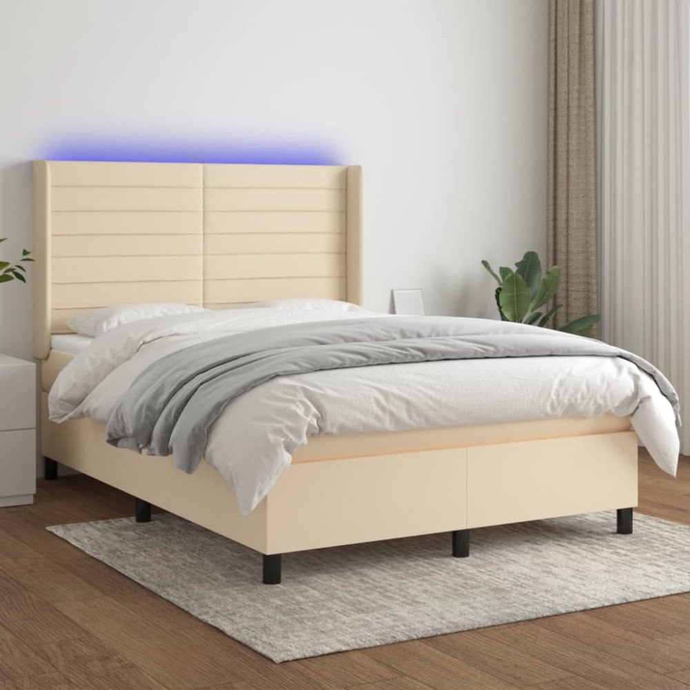 vidaXL Ramsäng med madrass & LED gräddvit 140x200 cm tyg