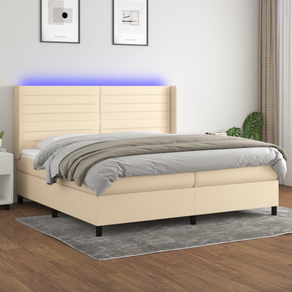 vidaXL Ramsäng med madrass & LED gräddvit 200x200 cm tyg