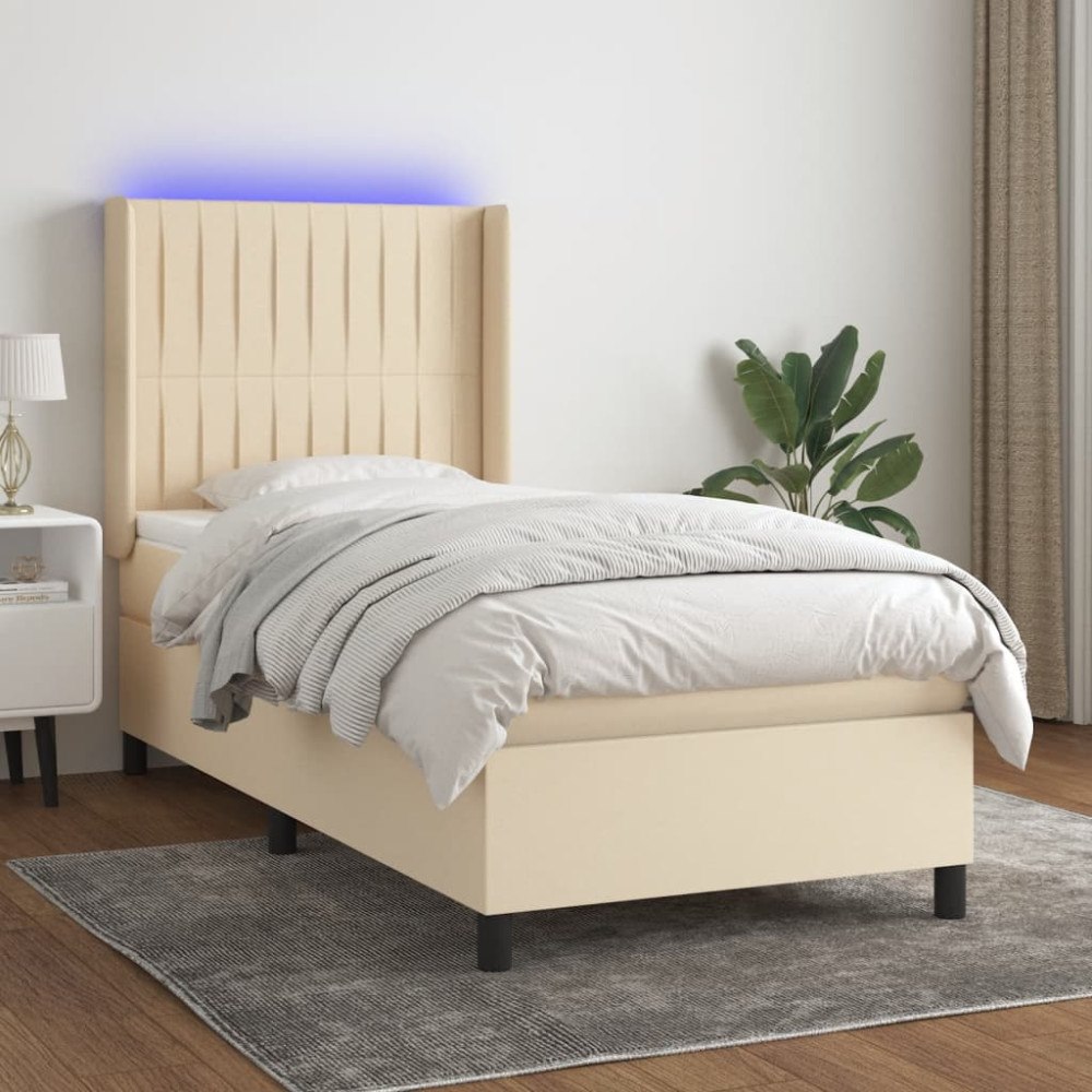 vidaXL Ramsäng med madrass & LED gräddvit 90x200 cm tyg
