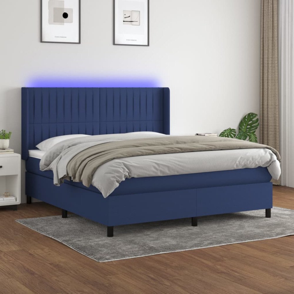 vidaXL Ramsäng med madrass & LED blå 160x200 cm tyg