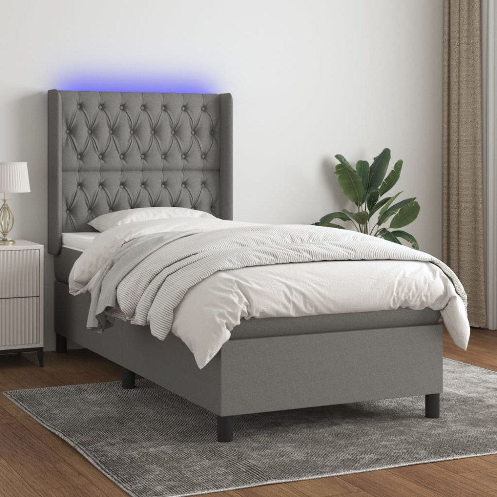 vidaXL Ramsäng med madrass & LED mörkgrå 90x200 cm tyg