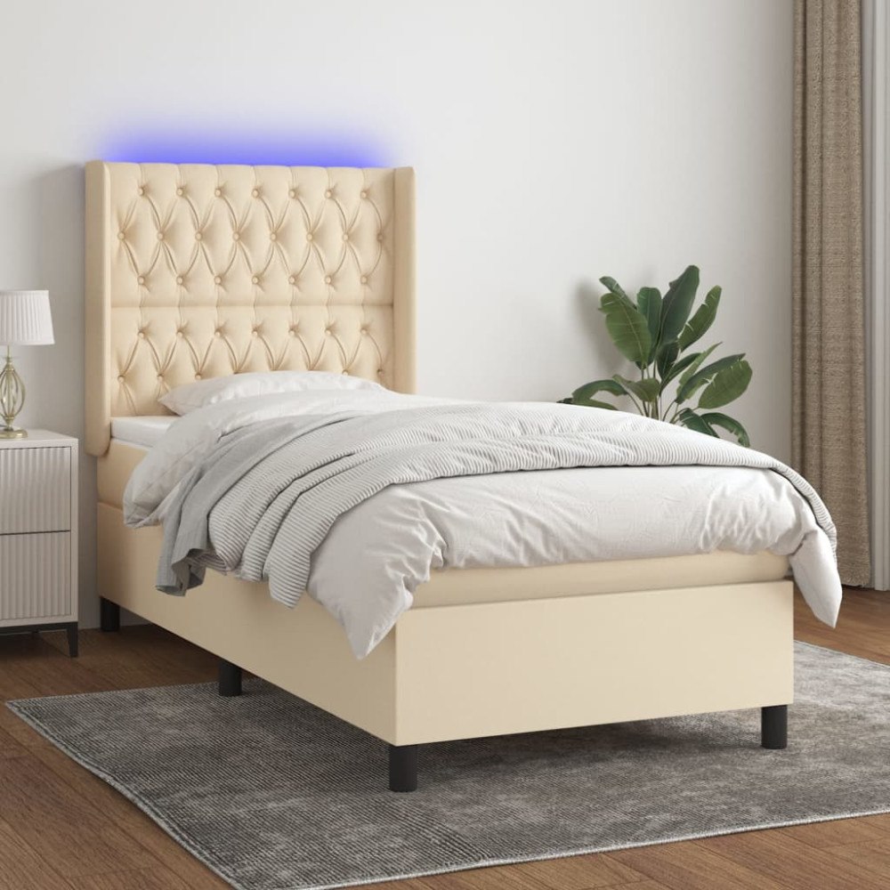 vidaXL Ramsäng med madrass & LED gräddvit 100x200 cm tyg