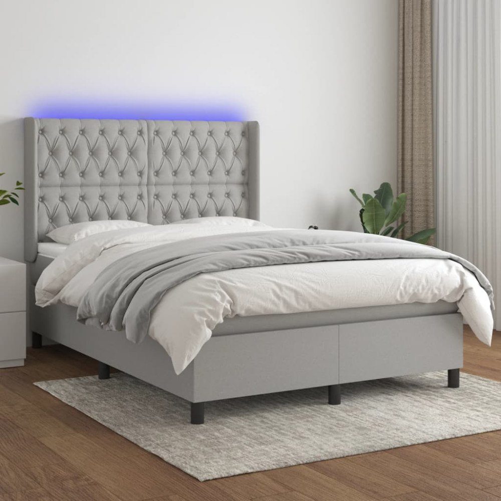 vidaXL Ramsäng med madrass & LED ljusgrå 140x190 cm tyg