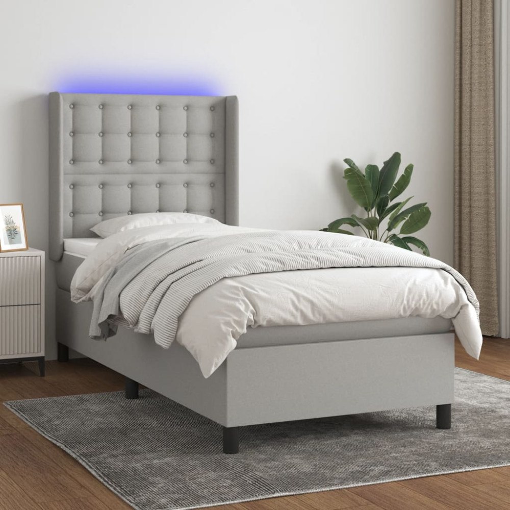 vidaXL Ramsäng med madrass & LED ljusgrå 90x190 cm tyg