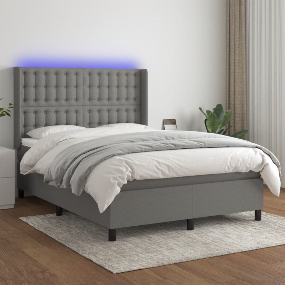 vidaXL Ramsäng med madrass & LED mörkgrå 140x200 cm tyg