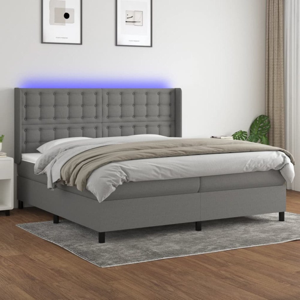 vidaXL Ramsäng med madrass & LED mörkgrå 200x200 cm tyg