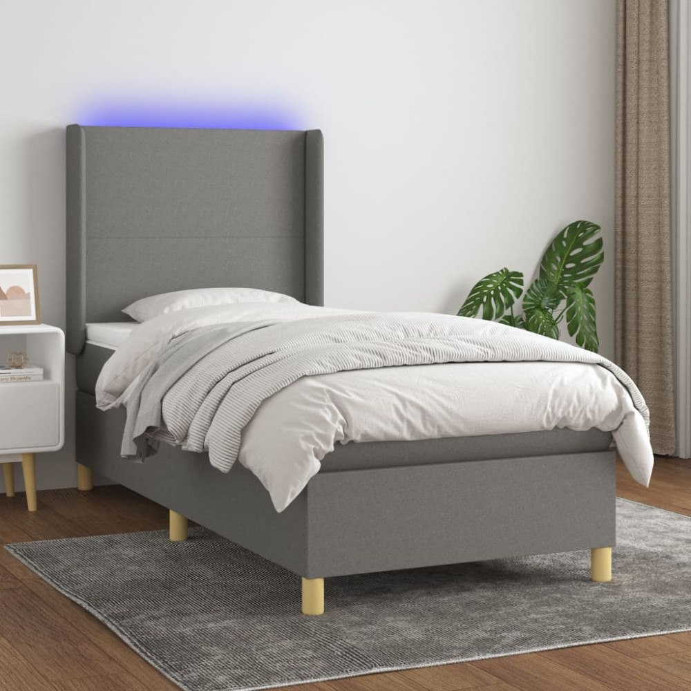 vidaXL Ramsäng med madrass & LED mörkgrå 90x190 cm tyg