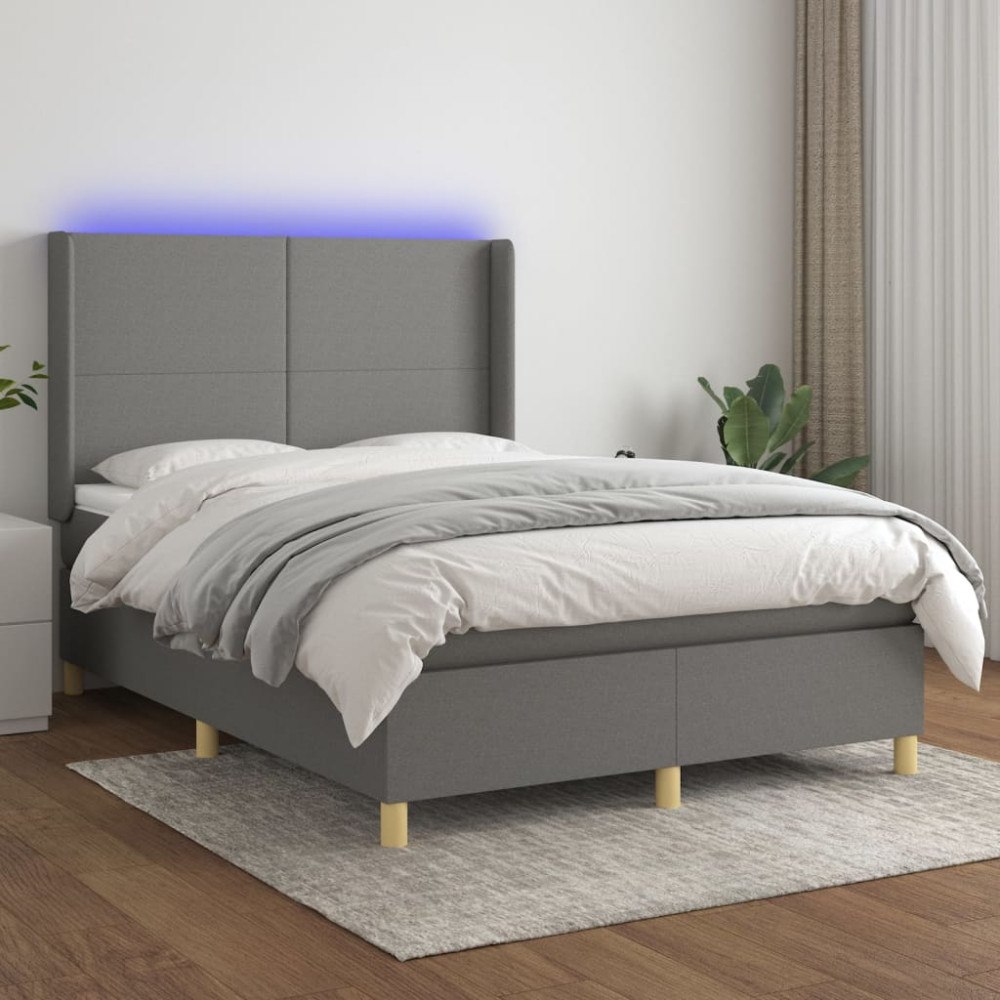 vidaXL Ramsäng med madrass & LED mörkgrå 140x200 cm tyg