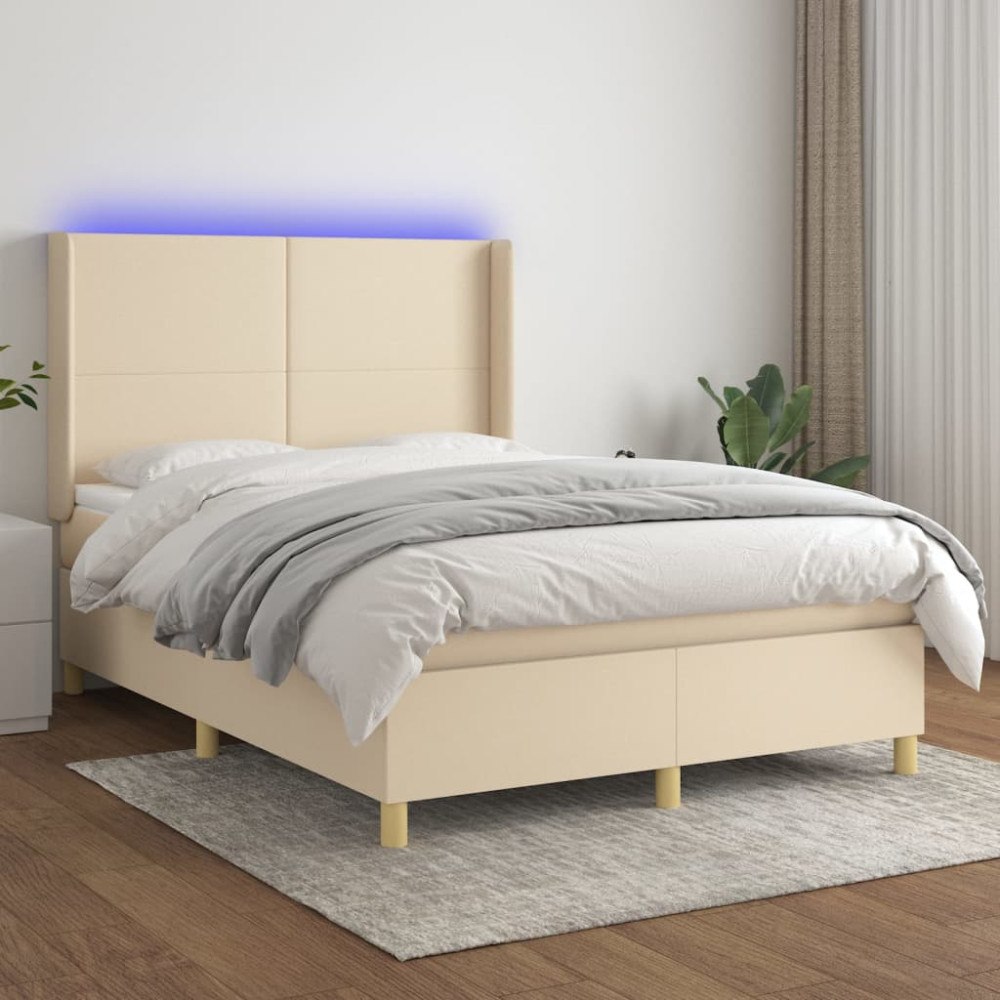 vidaXL Ramsäng med madrass & LED gräddvit 140x200 cm tyg
