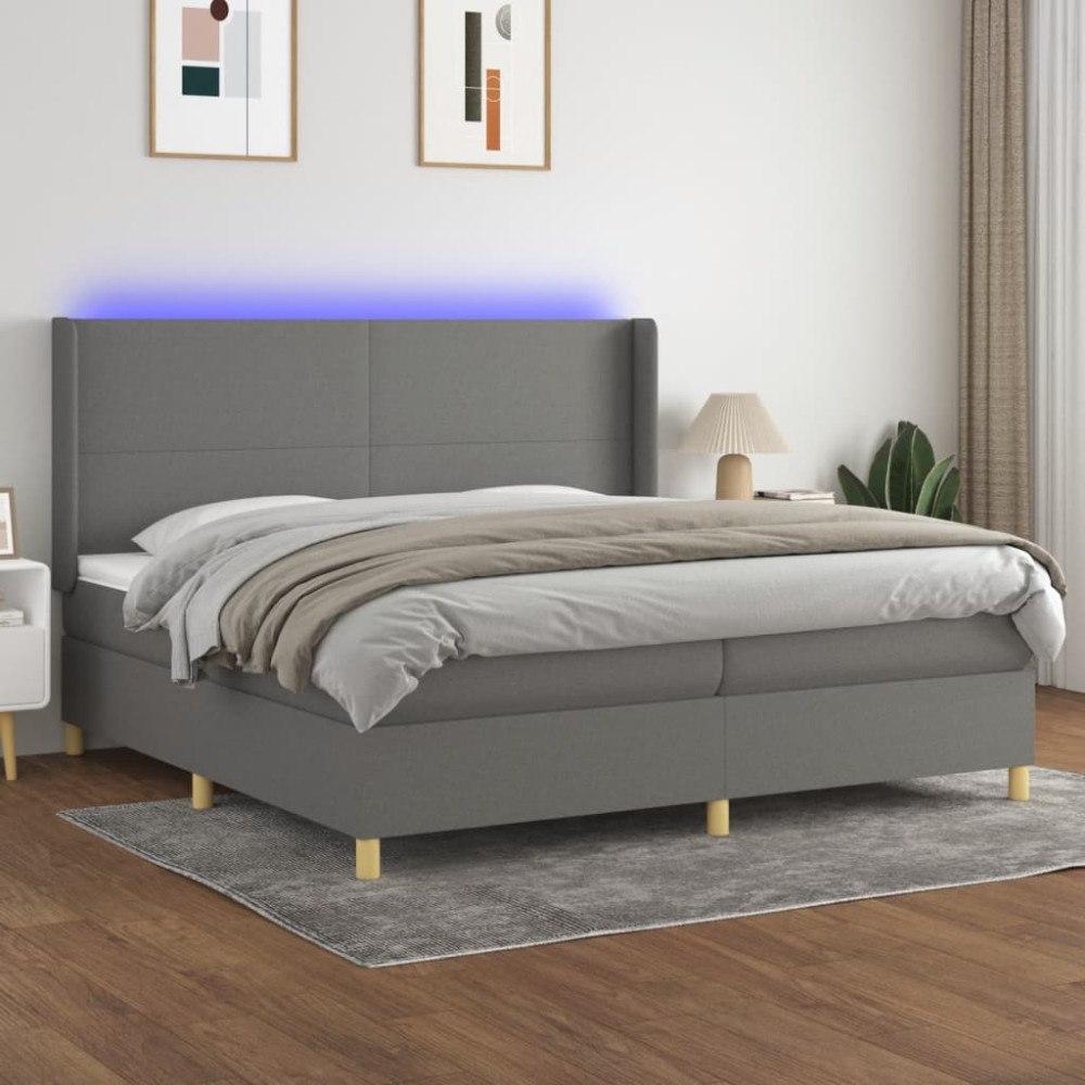 vidaXL Ramsäng med madrass & LED mörkgrå 200x200 cm tyg