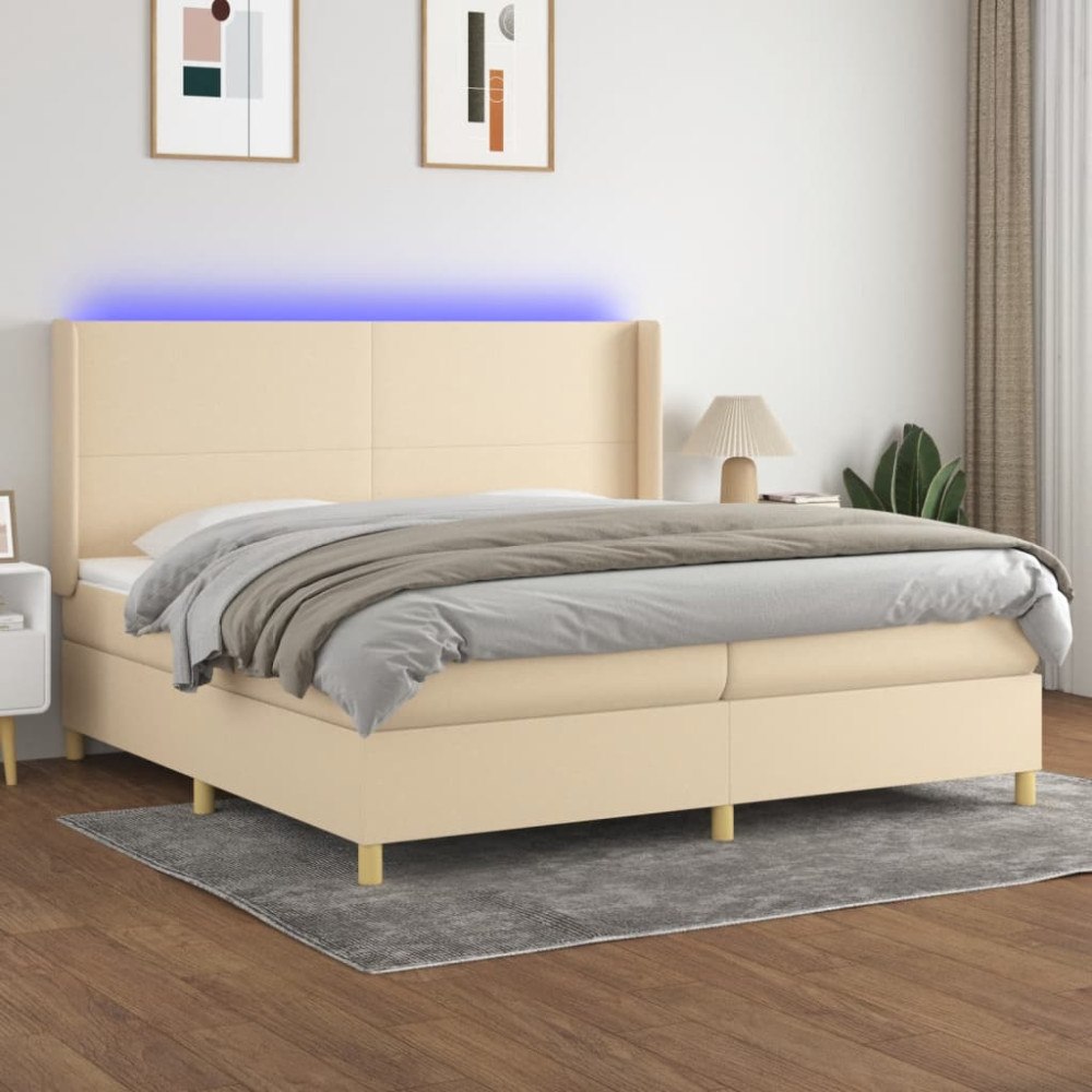 vidaXL Ramsäng med madrass & LED gräddvit 200x200 cm tyg