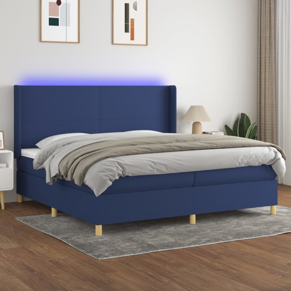 vidaXL Ramsäng med madrass & LED blå 200x200 cm tyg