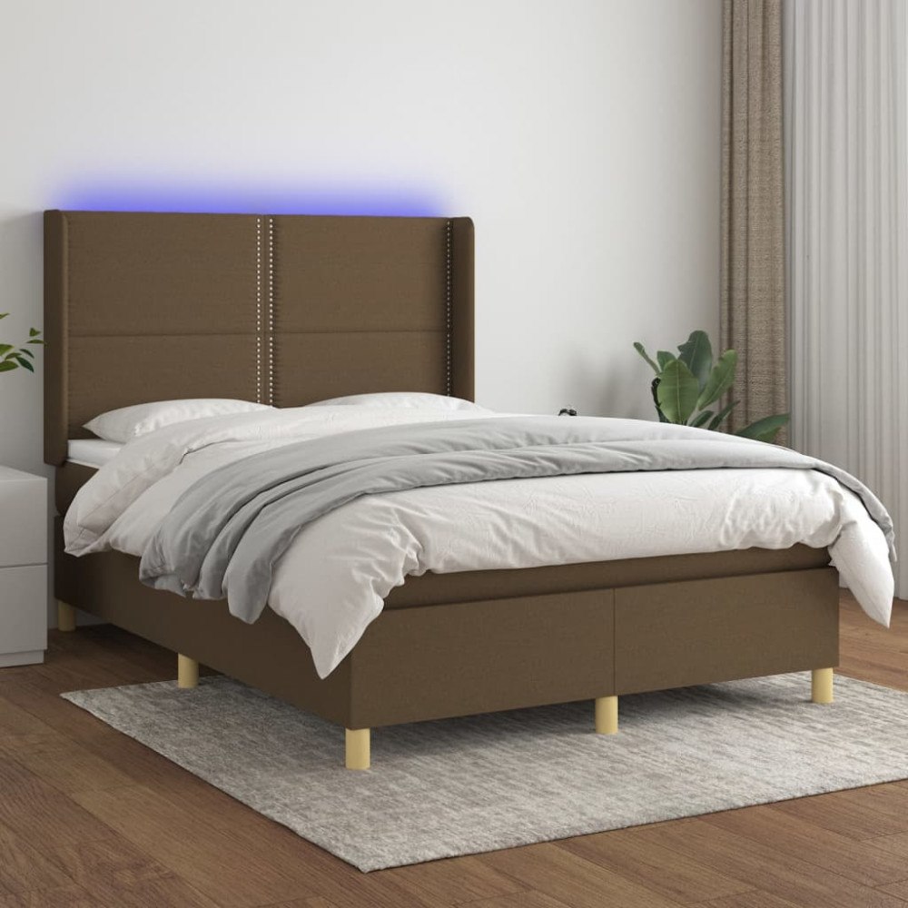 vidaXL Ramsäng med madrass & LED mörkbrun 140x200 cm tyg