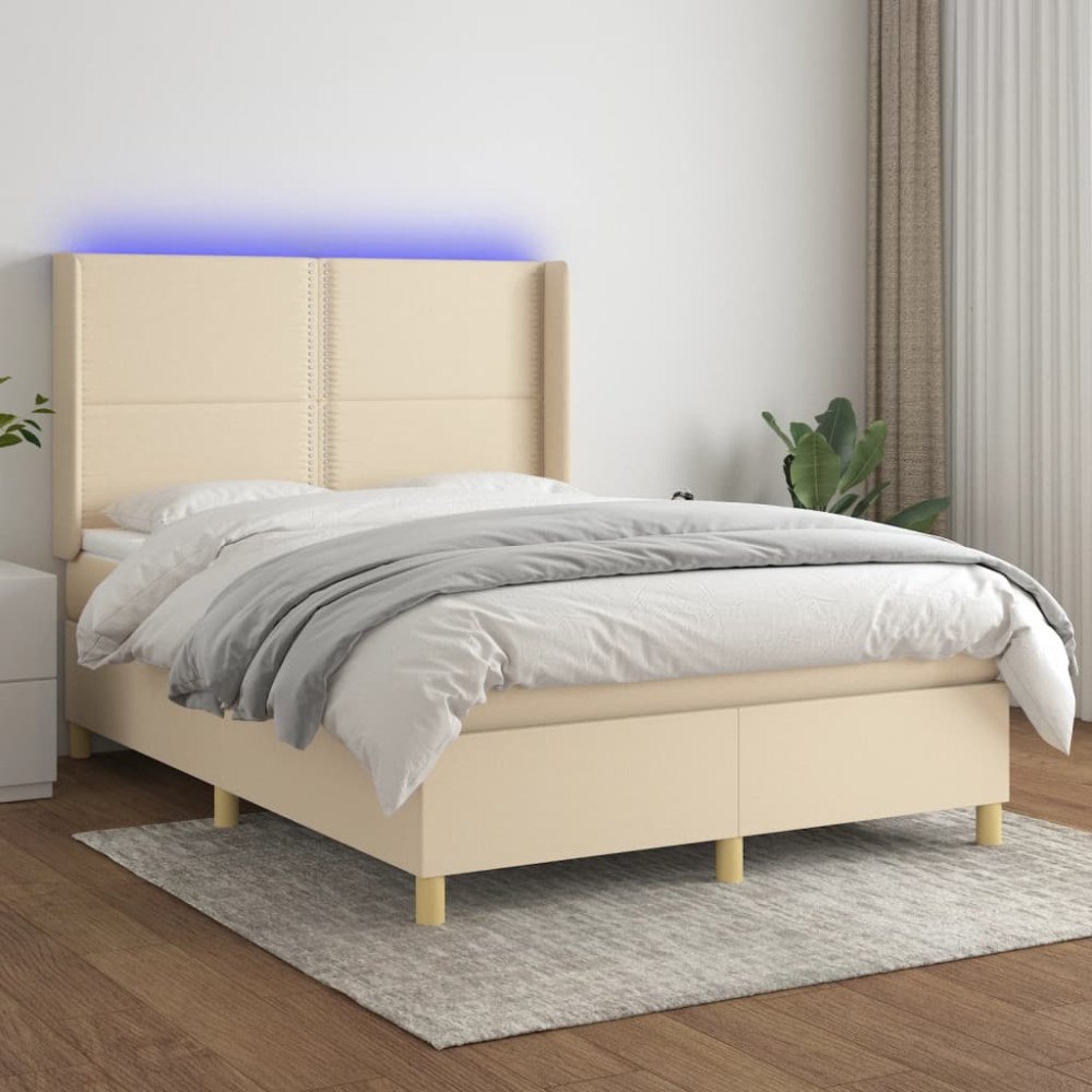 vidaXL Ramsäng med madrass & LED gräddvit 140x200 cm tyg