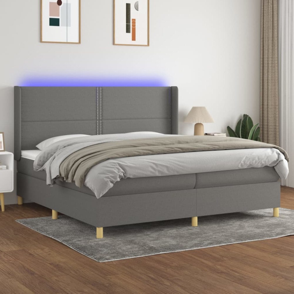 vidaXL Ramsäng med madrass & LED grå 200x200 cm tyg