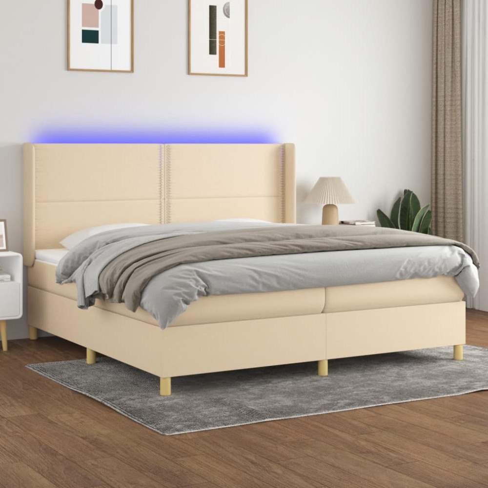 vidaXL Ramsäng med madrass & LED gräddvit 200x200 cm tyg
