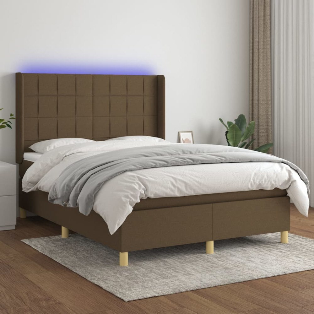 vidaXL Ramsäng med madrass & LED mörkbrun 140x200 cm tyg