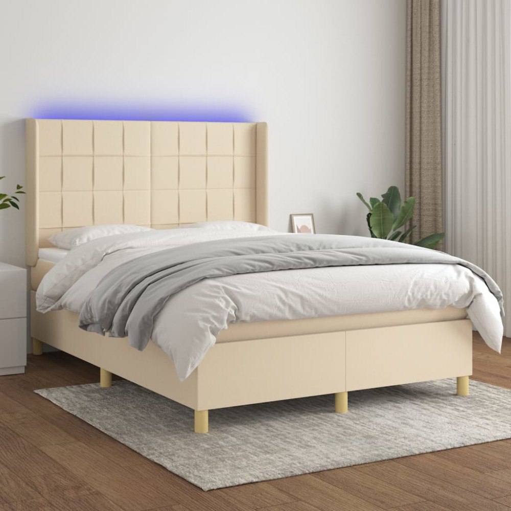 vidaXL Ramsäng med madrass & LED gräddvit 140x200 cm tyg