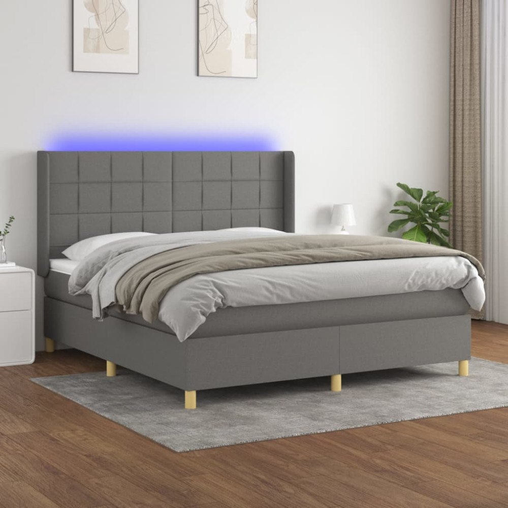 vidaXL Ramsäng med madrass & LED mörkgrå 180x200 cm tyg