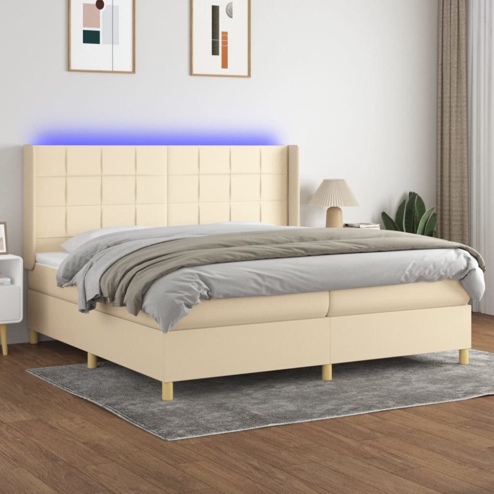 vidaXL Ramsäng med madrass & LED gräddvit 200x200 cm tyg