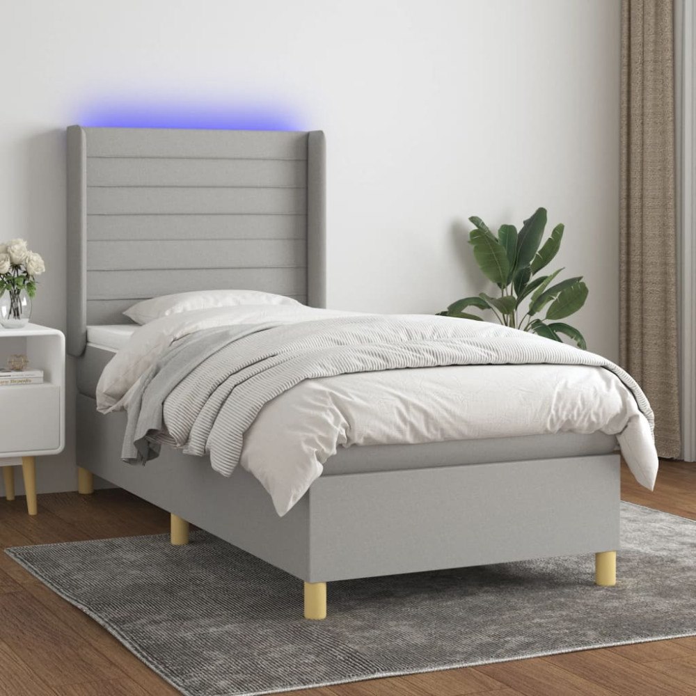vidaXL Ramsäng med madrass & LED ljusgrå 90x200 cm tyg