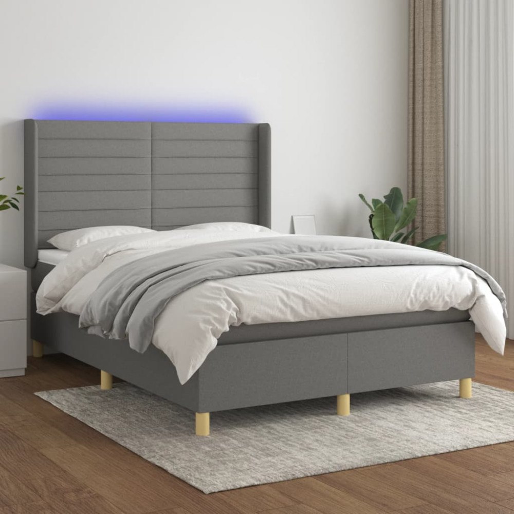 vidaXL Ramsäng med madrass & LED mörkgrå 140x200 cm tyg