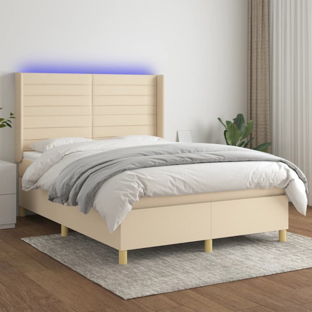vidaXL Ramsäng med madrass & LED gräddvit 140x200 cm tyg