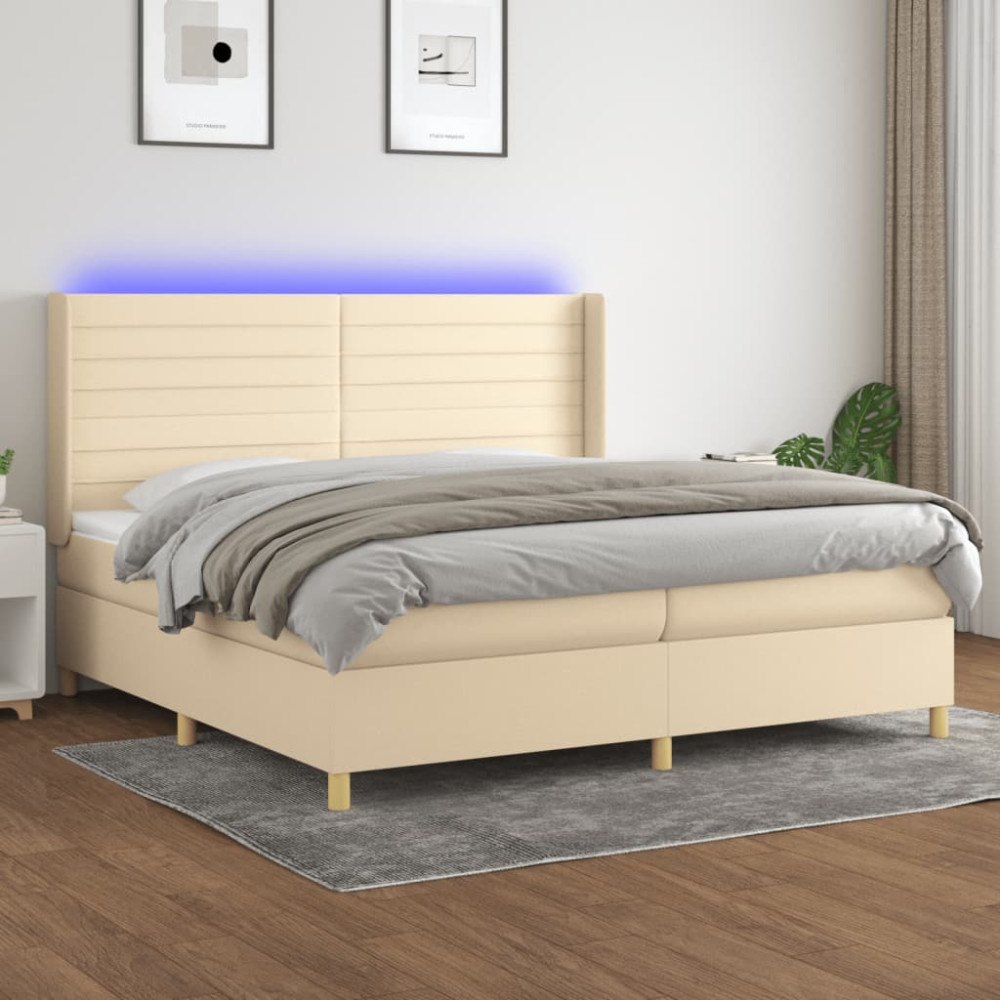 vidaXL Ramsäng med madrass & LED gräddvit 200x200 cm tyg