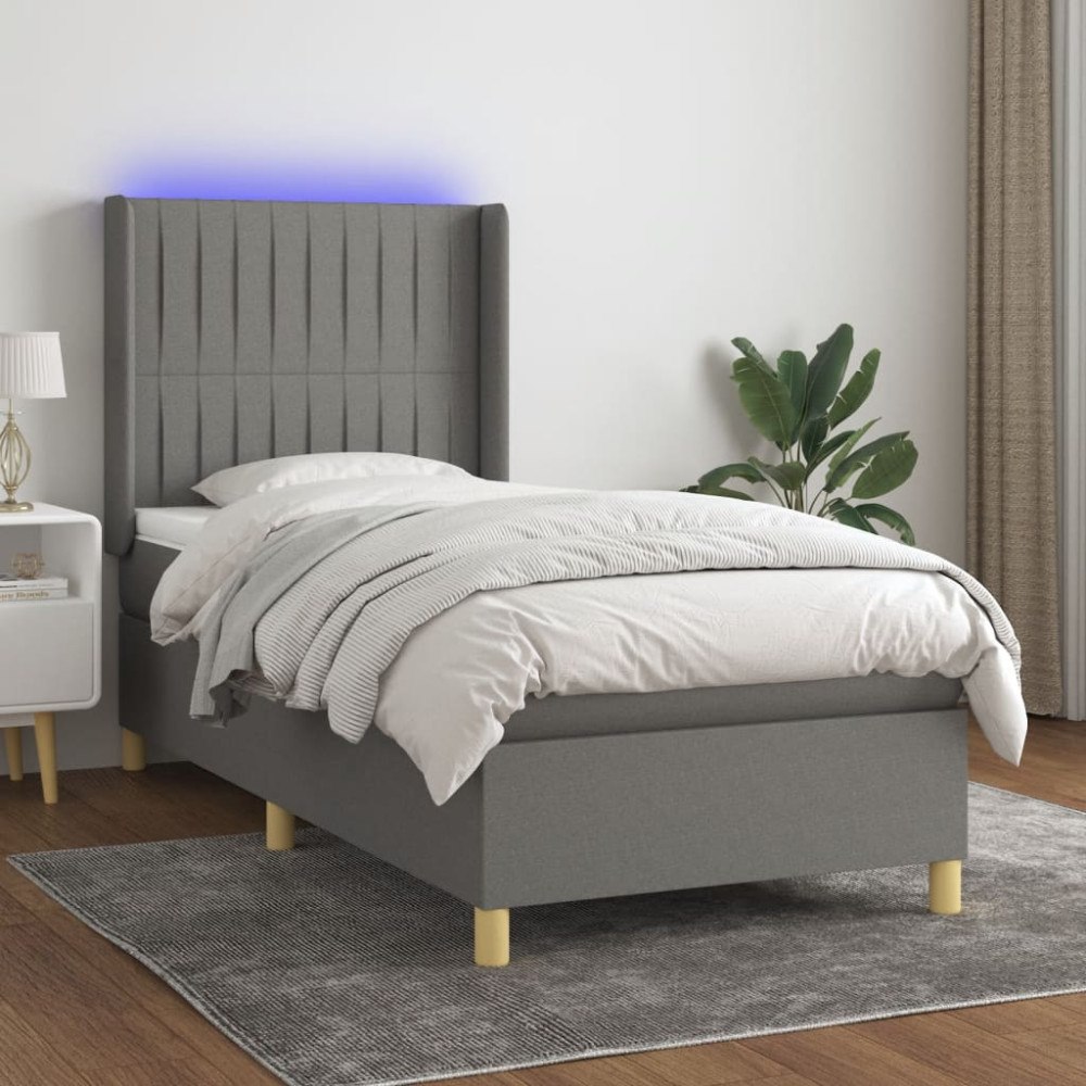 vidaXL Ramsäng med madrass & LED mörkgrå 90x200 cm tyg