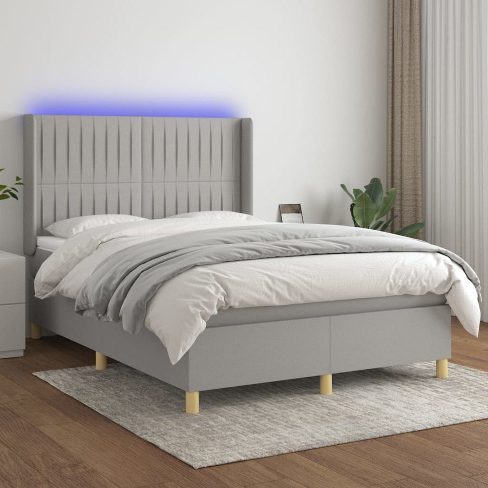 vidaXL Ramsäng med madrass & LED ljusgrå 140x190 cm tyg