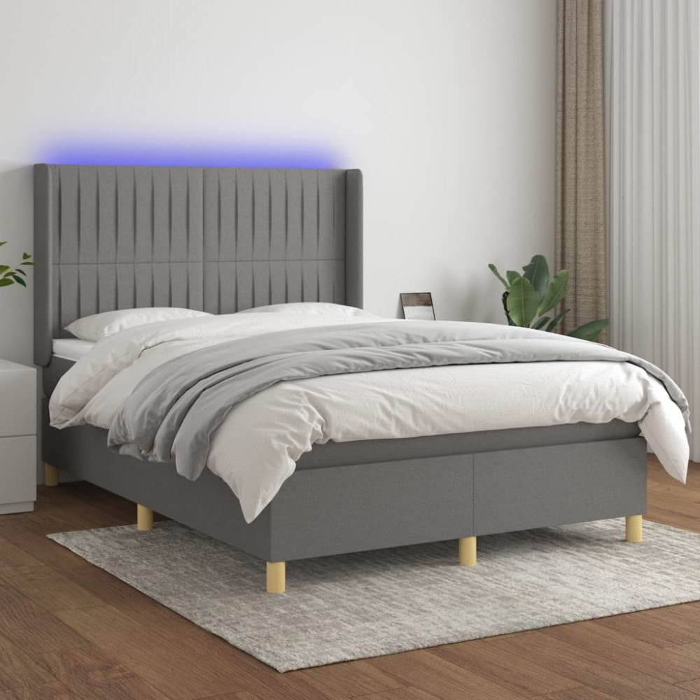 vidaXL Ramsäng med madrass & LED mörkgrå 140x190 cm tyg