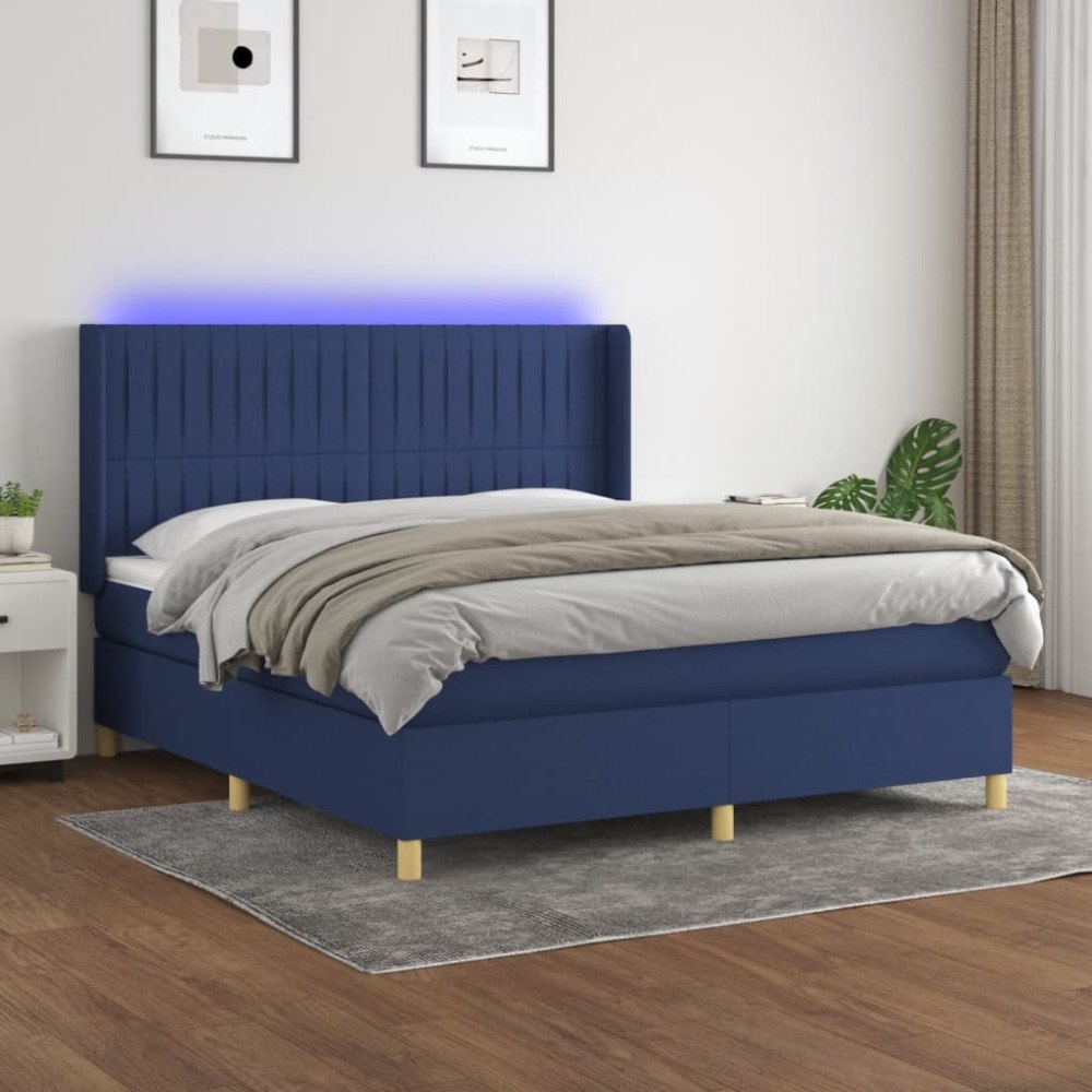 vidaXL Ramsäng med madrass & LED blå 180x200 cm tyg
