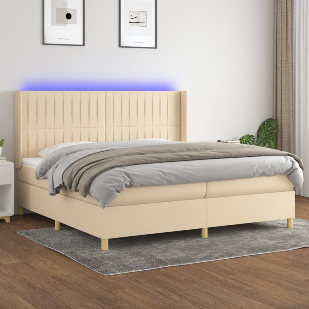 vidaXL Ramsäng med madrass & LED gräddvit 200x200 cm tyg