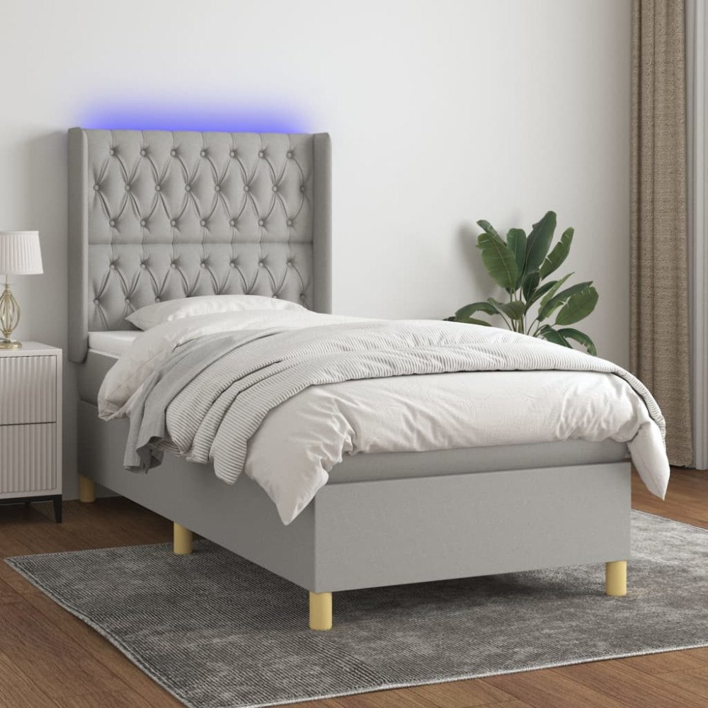 vidaXL Ramsäng med madrass & LED ljusgrå 90x190 cm tyg