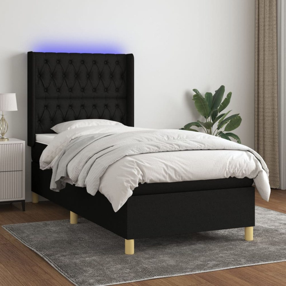 vidaXL Ramsäng med madrass & LED svart 90x200 cm tyg