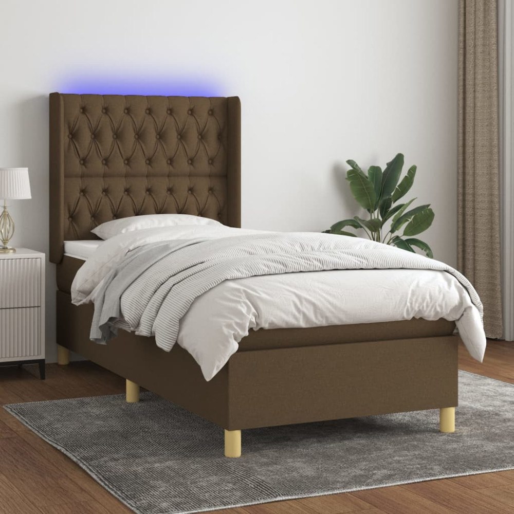 vidaXL Ramsäng med madrass & LED mörkbrun 90x200 cm tyg