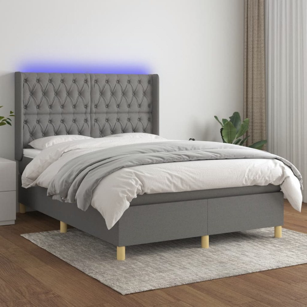 vidaXL Ramsäng med madrass & LED mörkgrå 140x200 cm tyg