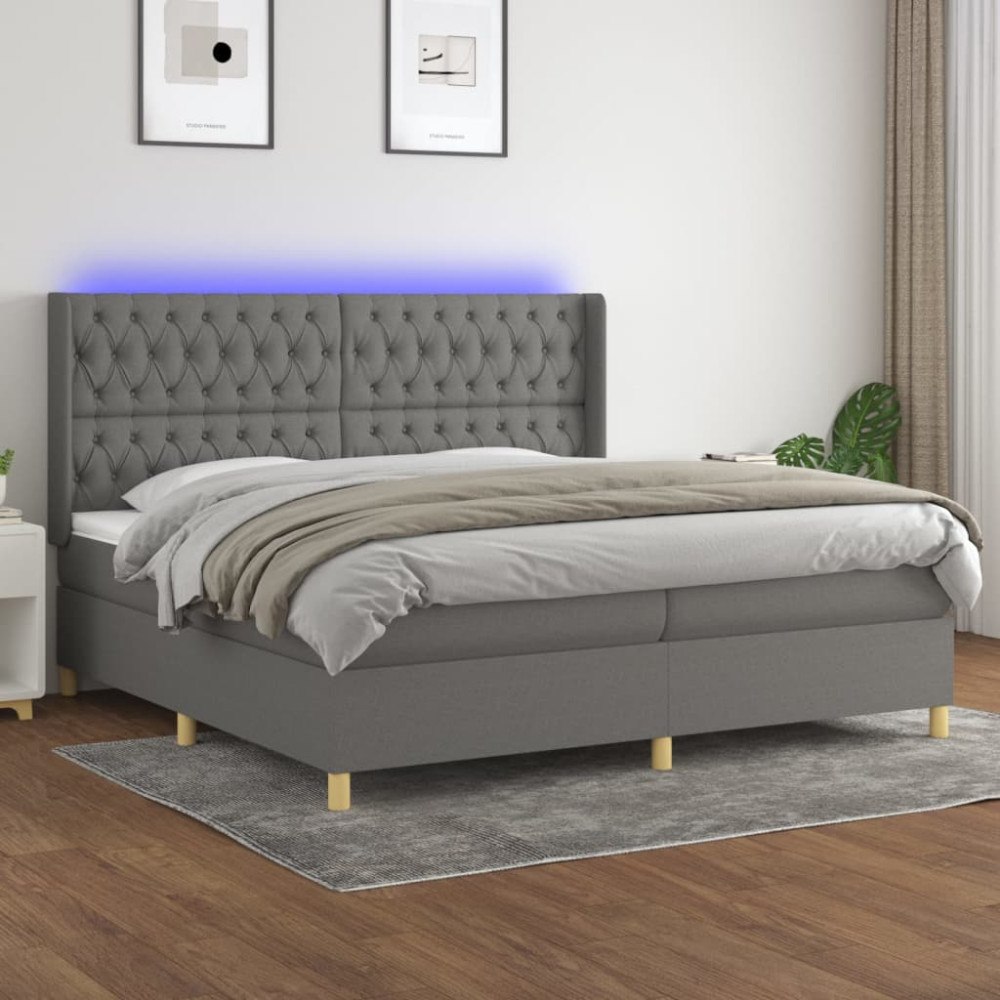 vidaXL Ramsäng med madrass & LED mörkgrå 200x200 cm tyg