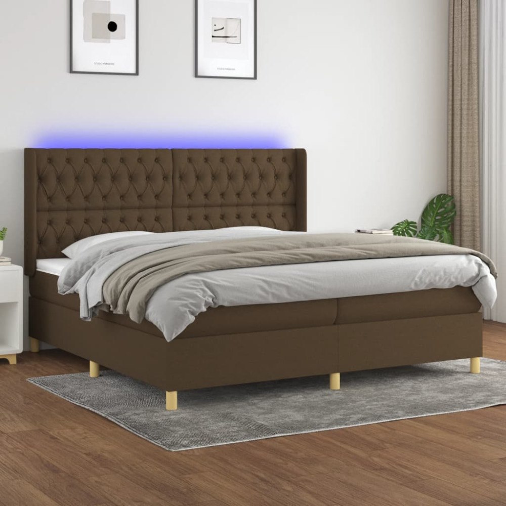 vidaXL Ramsäng med madrass & LED mörkbrun 200x200 cm tyg