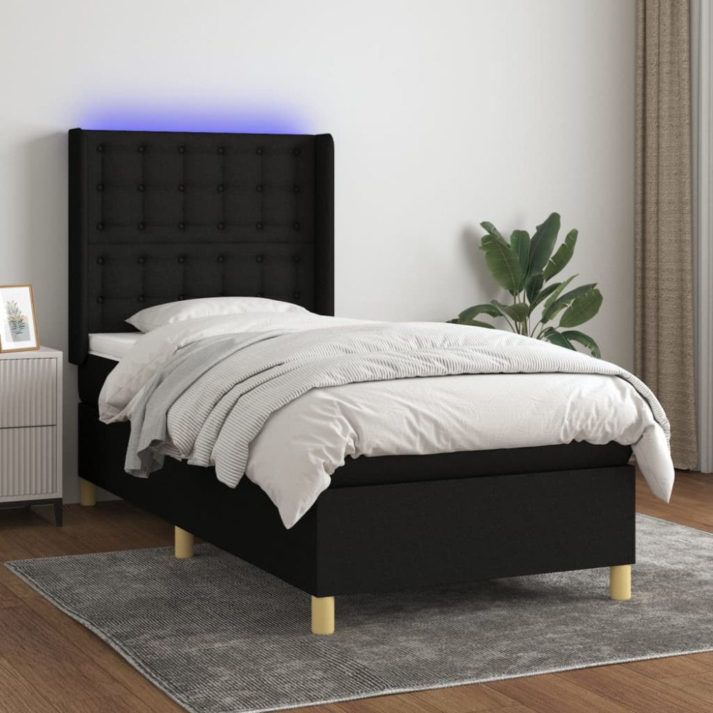 vidaXL Ramsäng med madrass & LED svart 90x200 cm tyg