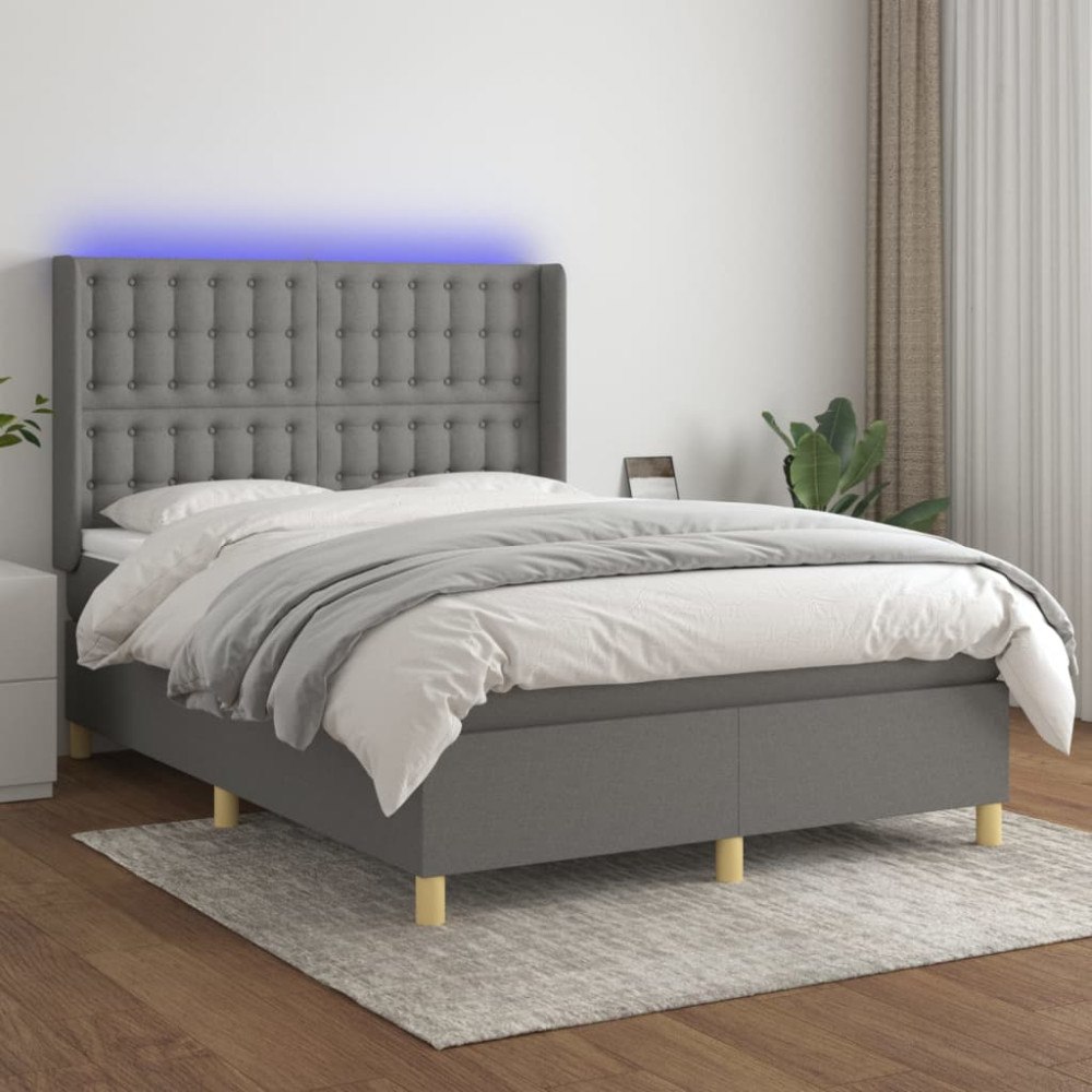 vidaXL Ramsäng med madrass & LED mörkgrå 140x200 cm tyg