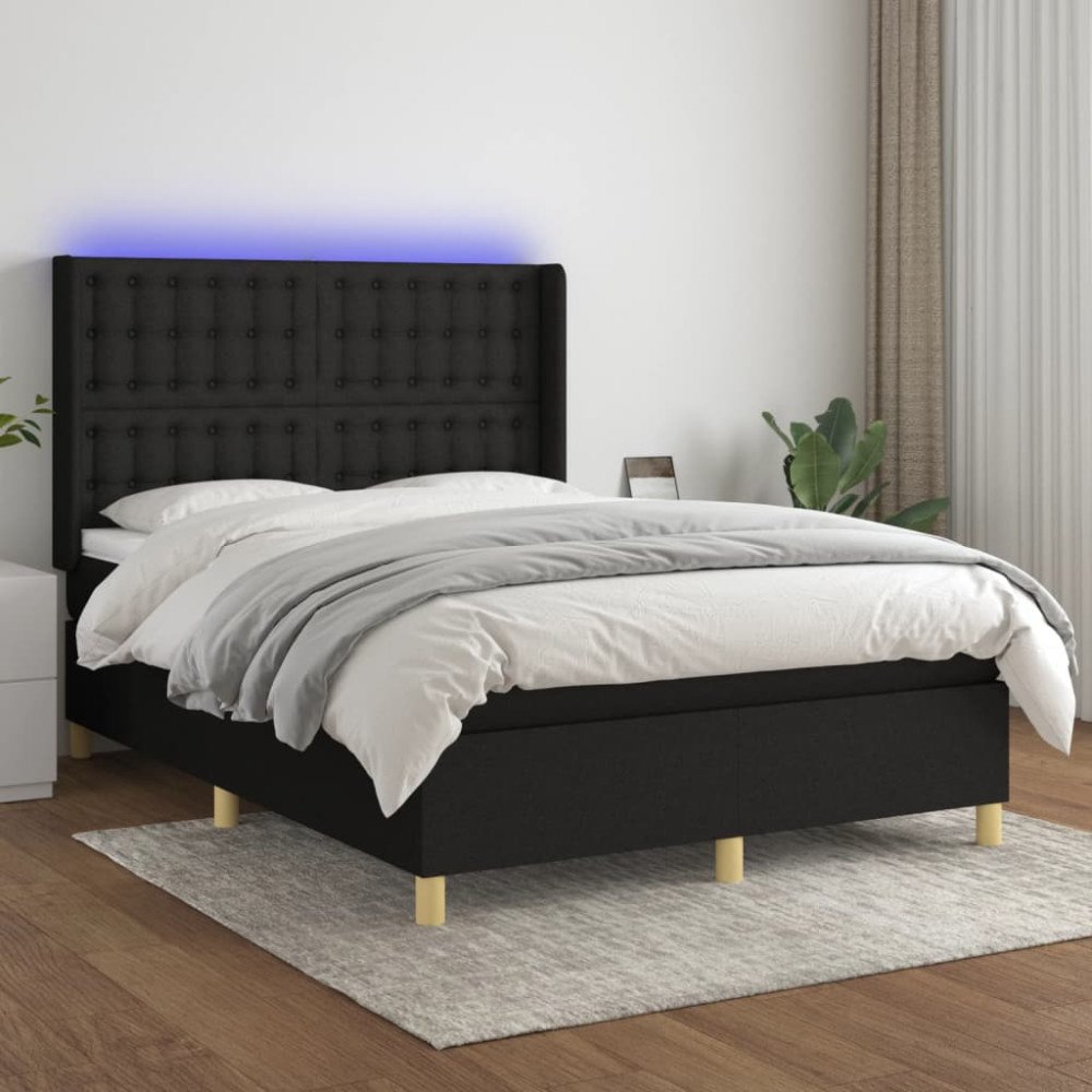 vidaXL Ramsäng med madrass & LED svart 140x200 cm tyg