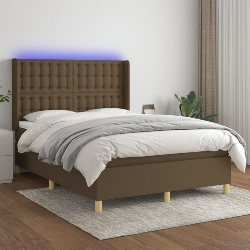 vidaXL Ramsäng med madrass & LED mörkbrun 140x200 cm tyg