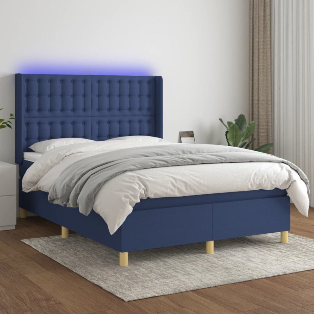 vidaXL Ramsäng med madrass & LED blå 140x200 cm tyg