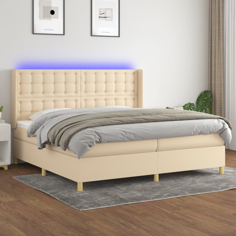 vidaXL Ramsäng med madrass & LED gräddvit 200x200 cm tyg